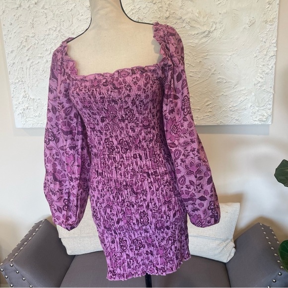 FREE PEOPLE Azalea Combo Smock It To Me Mini Dress Purple Long Sleeve Sz XS NWT - Picture 2 of 8